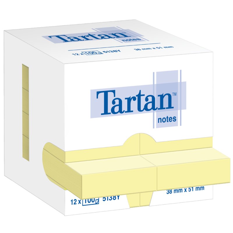 Tartan Notes zelfklevende notitieblokjes, 51×38 mm, helgeel, 12 blokken